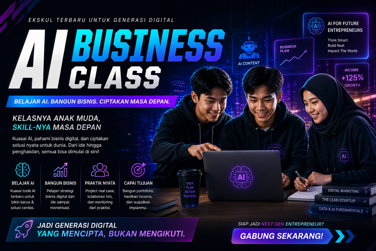 Siswa belajar AI Business Academy dengan tampilan teknologi kecerdasan buatan