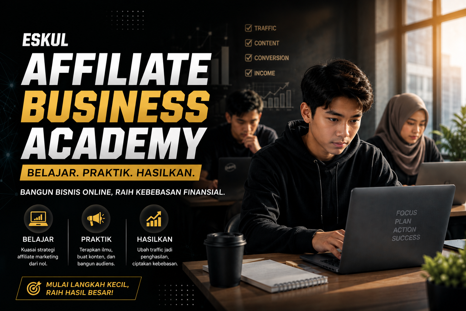 Siswa belajar Affiliate Business menggunakan laptop