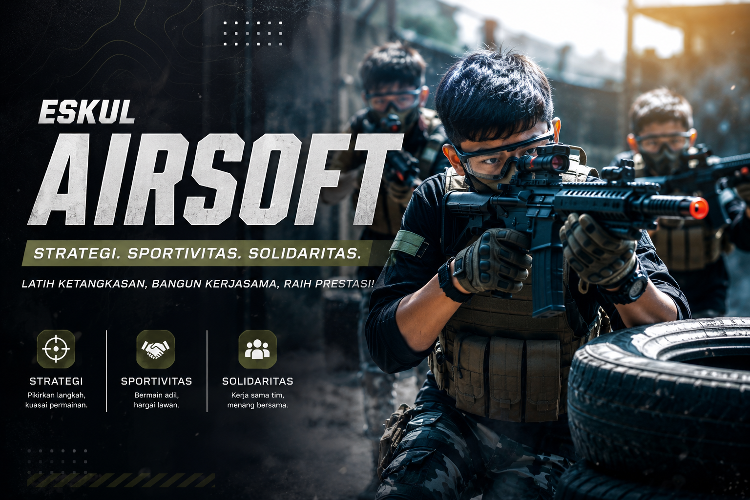 Tim siswa mengikuti latihan Airsoft Leadership dengan perlengkapan taktis