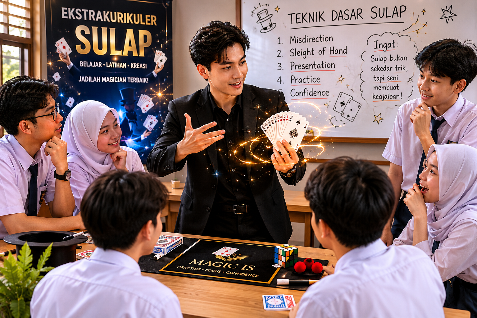 Siswa tampil dalam Magic School Academy dengan kartu sulap